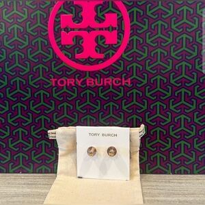 Authentic Tory Burch Resin Logo Gold Stud Earrings With Dust Bag